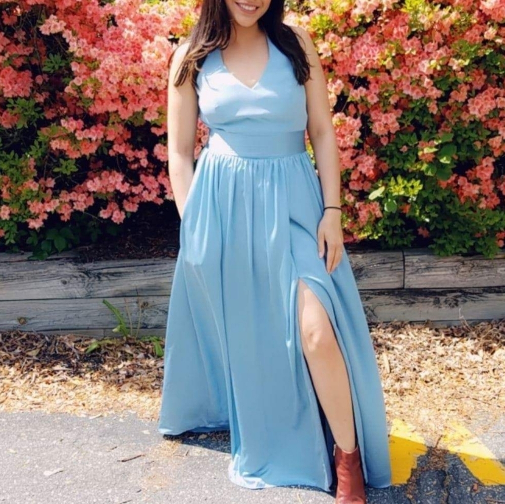 Light Blue V Neck Halter Gown